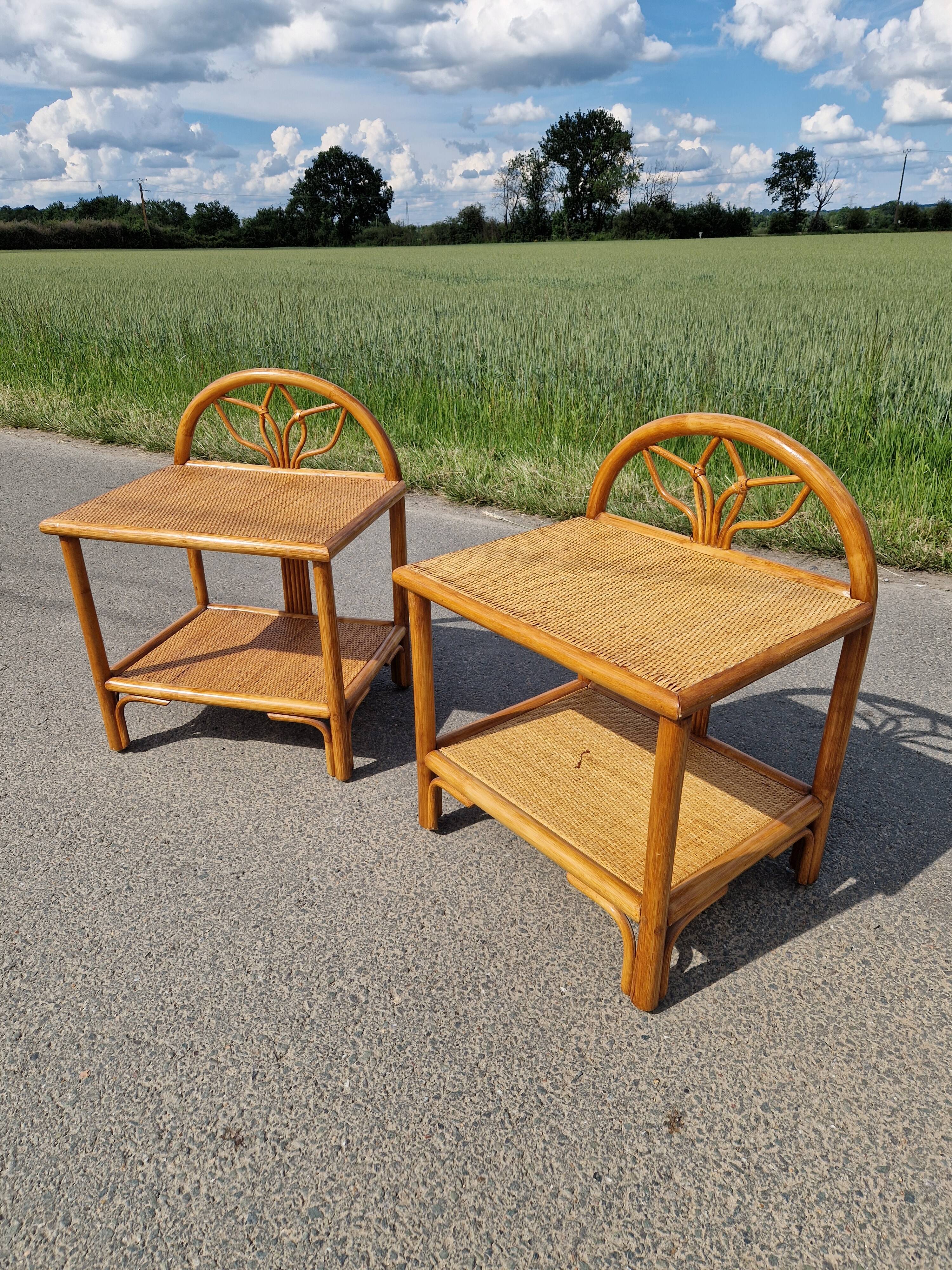 Pair of bedside tables in wood and woven straw - around 1960.