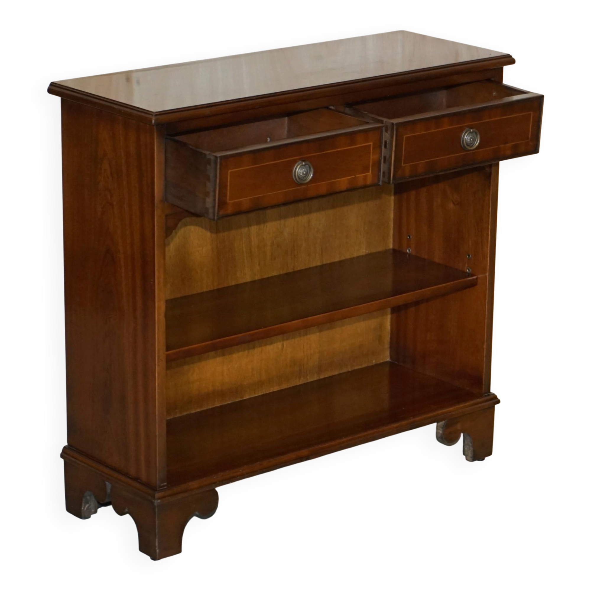 Vintage Low Bevan Funnell Library in Flamed Mahogany with Two Drawers
