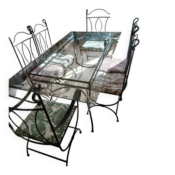 Table en verre et chaises fer forgé