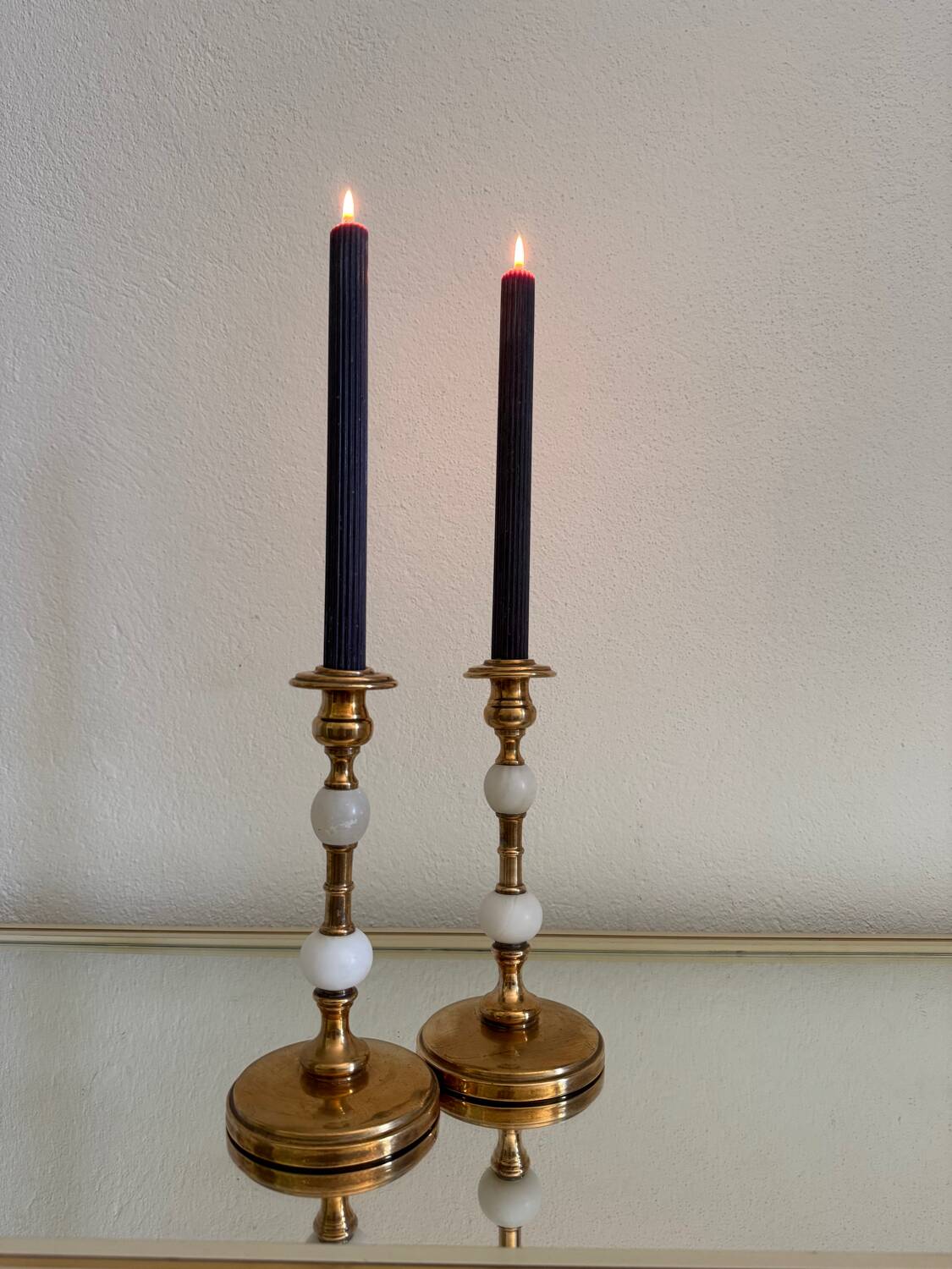 60s gold alabaster metal candlesticks