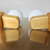 Pair of Scandinavian wall lights in pine and white opaline, 1980s.