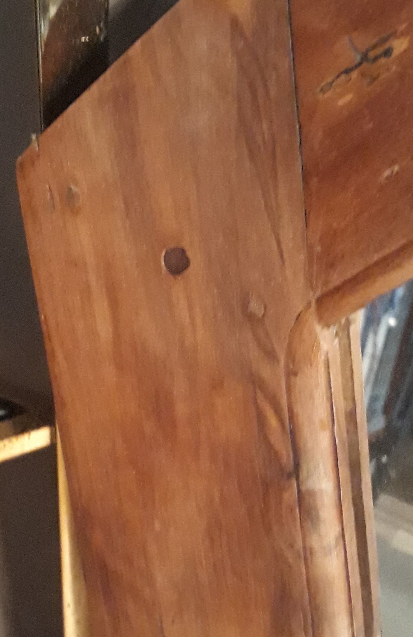 Large asymmetrical mirror fruit wood chevillié 1970 112x83cm