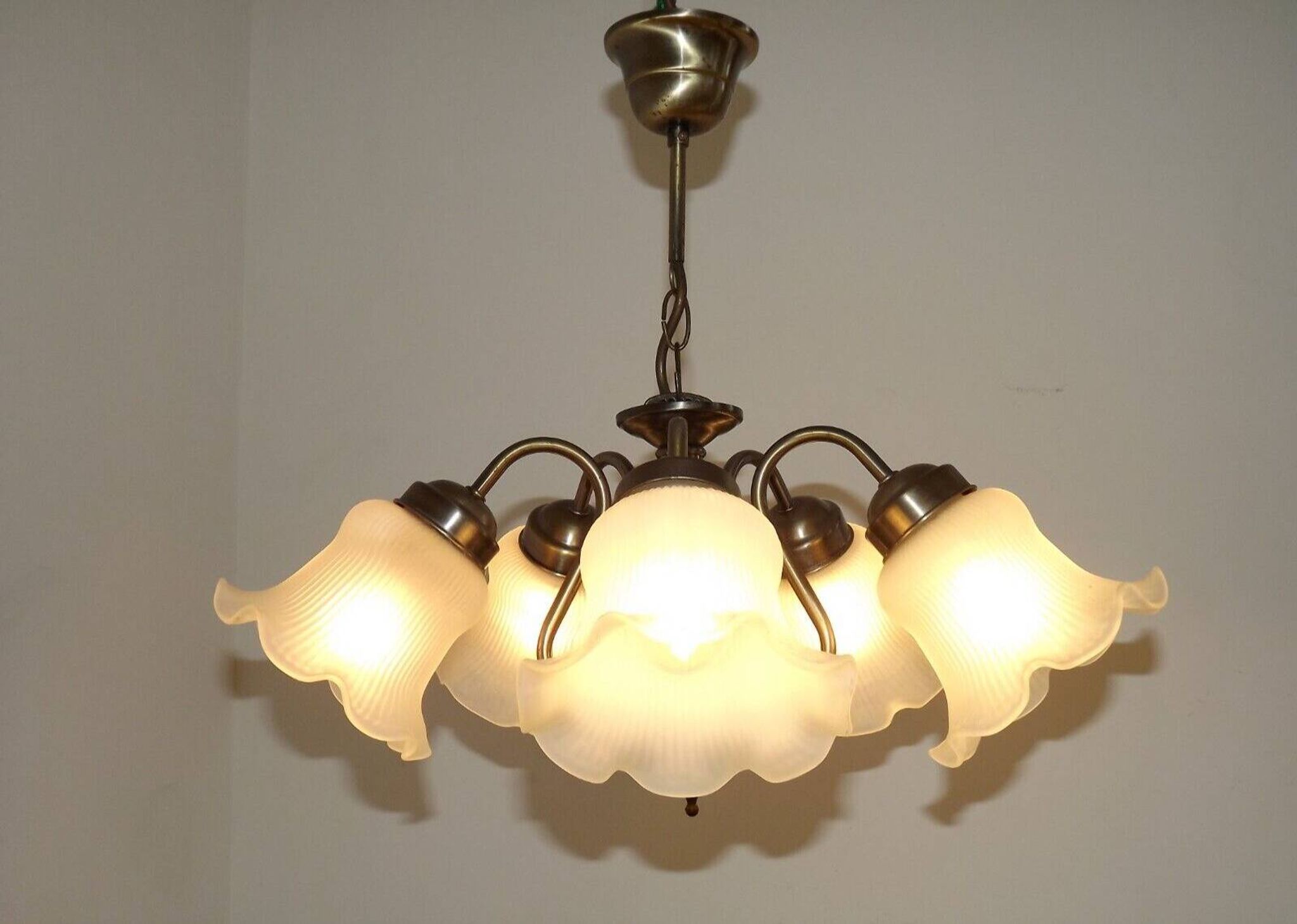 Vintage French 5 Light Silver Metal Chandelier With Patterned Glass Shades 4536