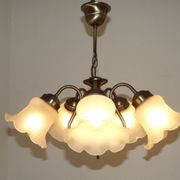 Vintage French 5 Light Silver Metal Chandelier With Patterned Glass Shades 4536