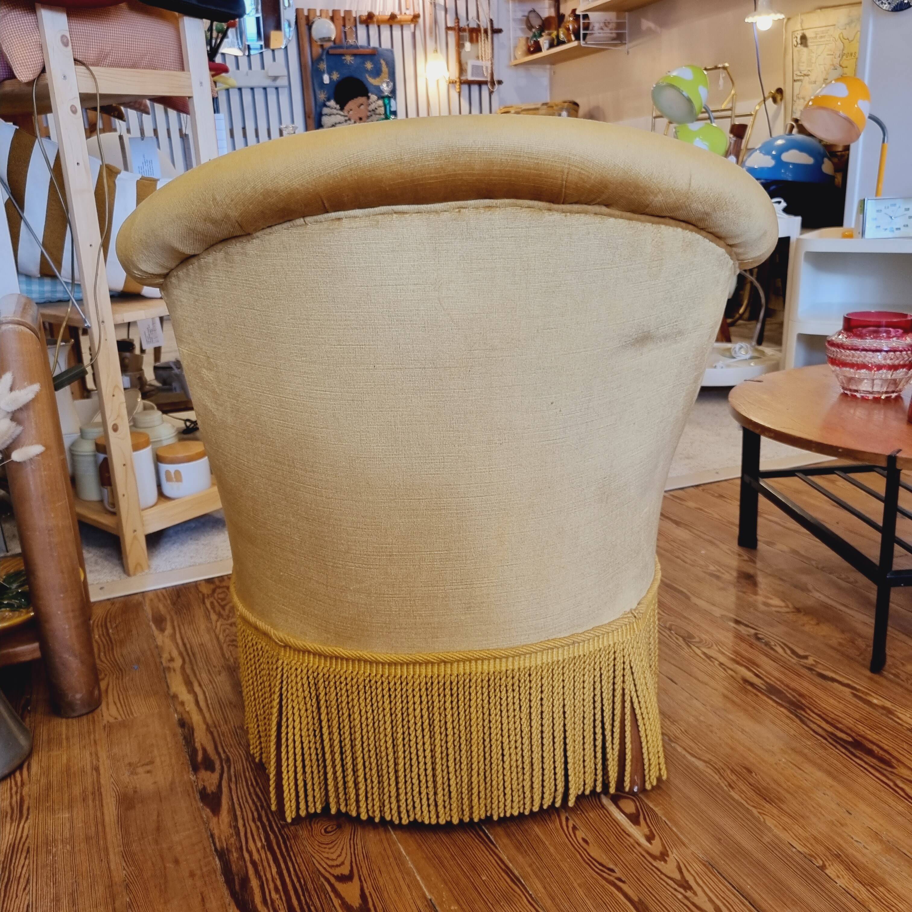 Golden yellow velvet toad armchair
