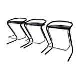 Set of three bar stools black and chrome of Thema Italy to the 1970s