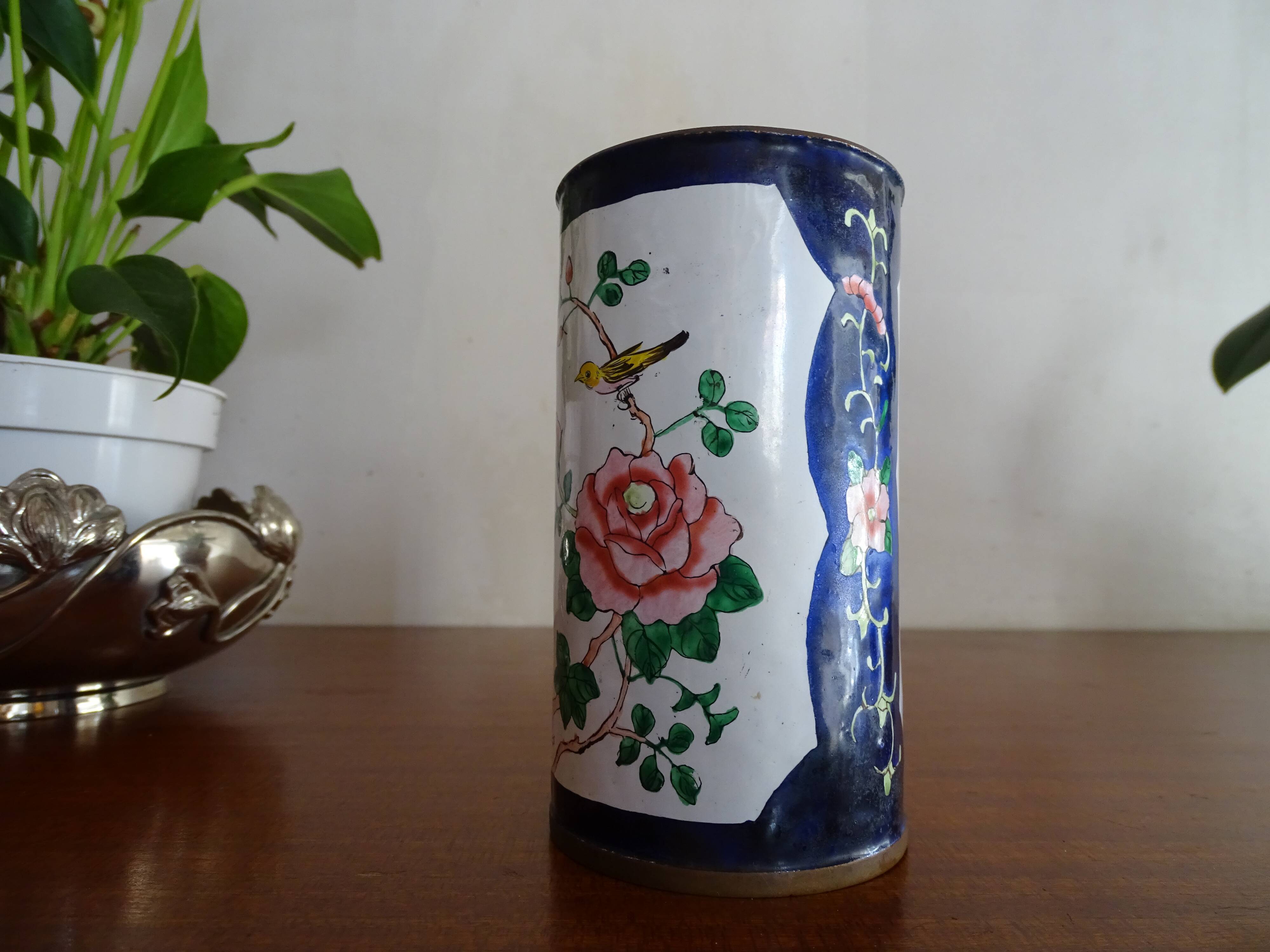 Cloisonné enamel pencil pot on copper