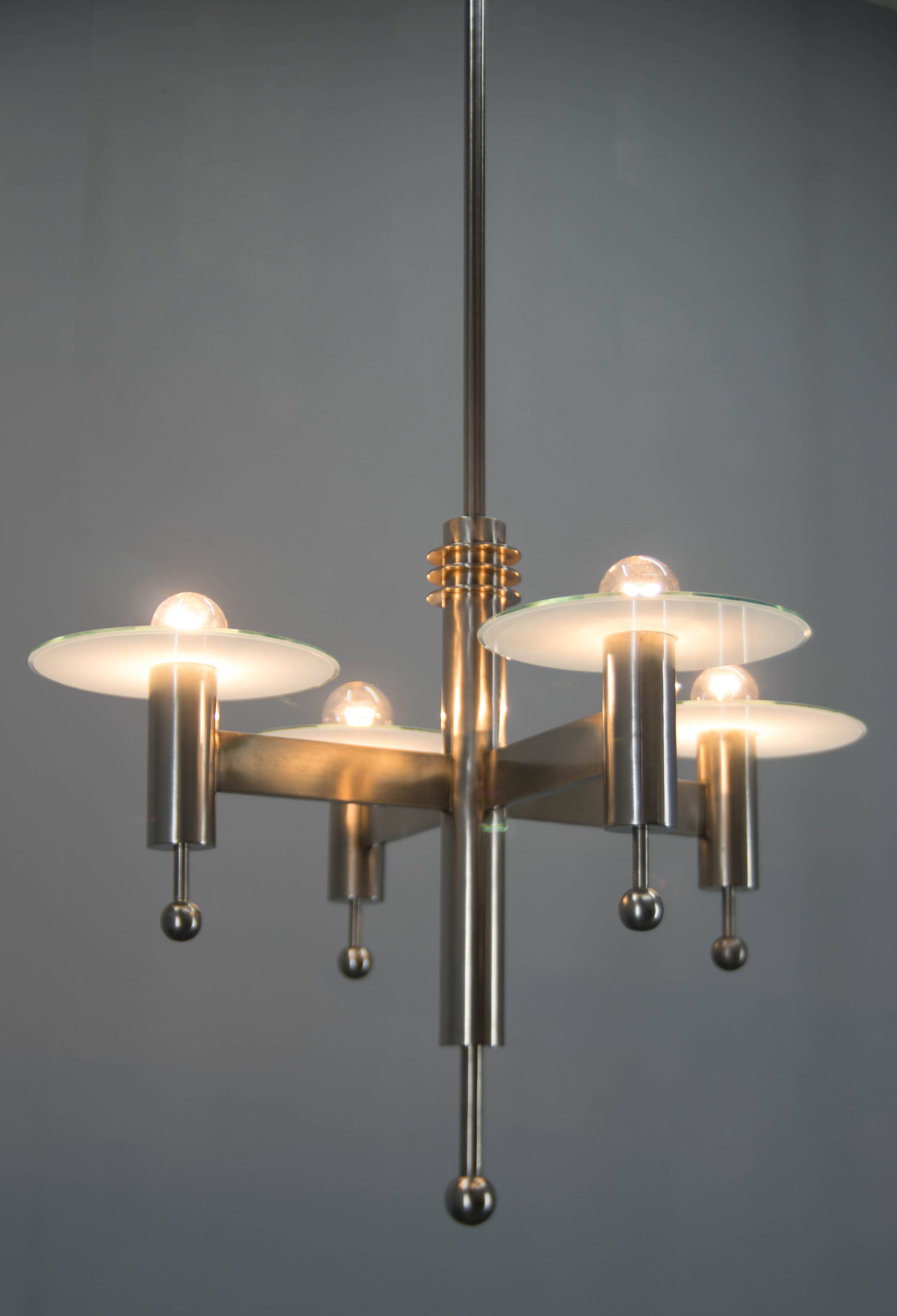 Machine Age Nickel-Plated 4-Flamming Chandelier, 1920s