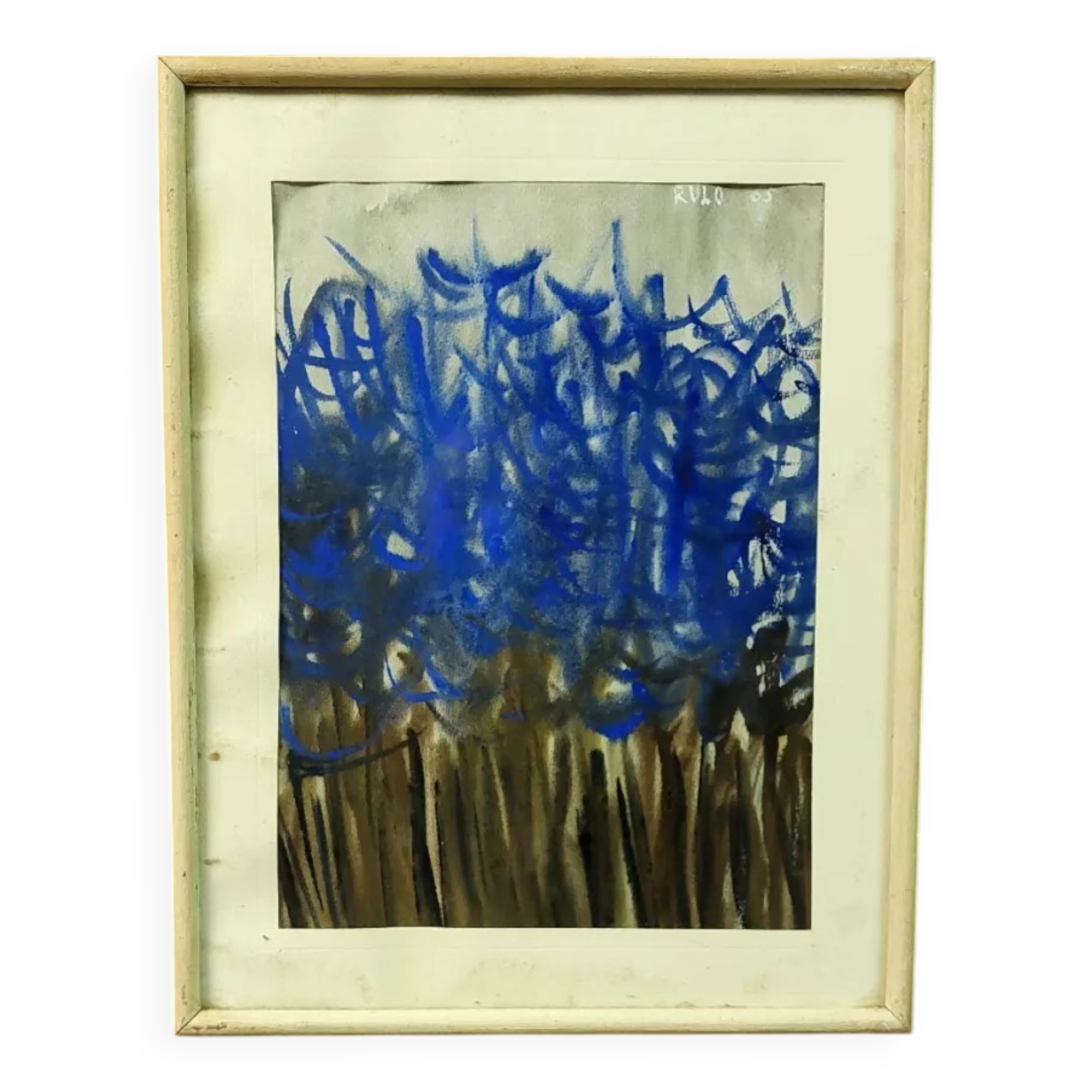 Abstract painting rulo 1965 mixed technique on paper frame
