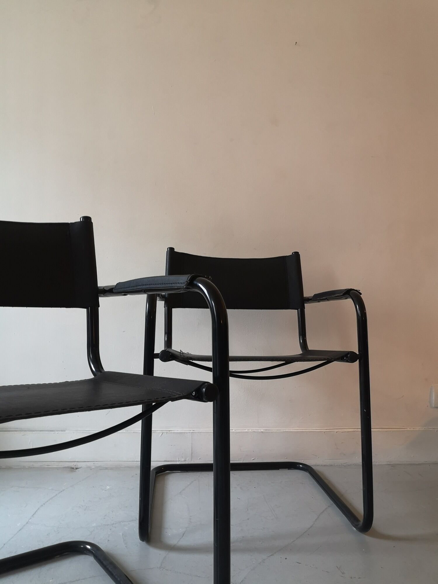 tubular armrest chair metal black matte & leather, Italy 1970