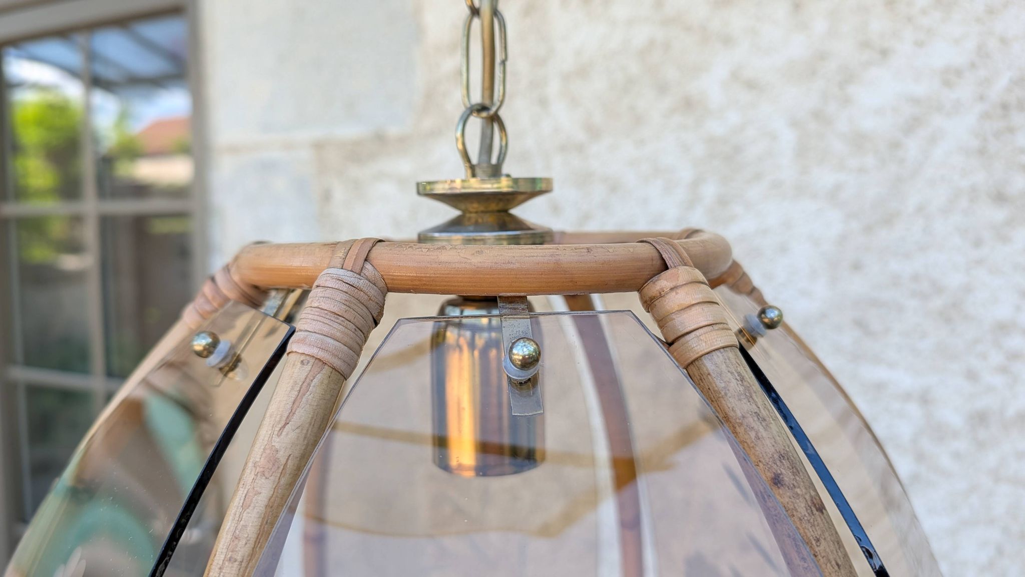 Vintage rattan and smoked glass pendant – 1970s