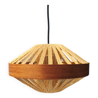 Teak veneer and hemp cord hanging lamp. Estimated 1950-60s