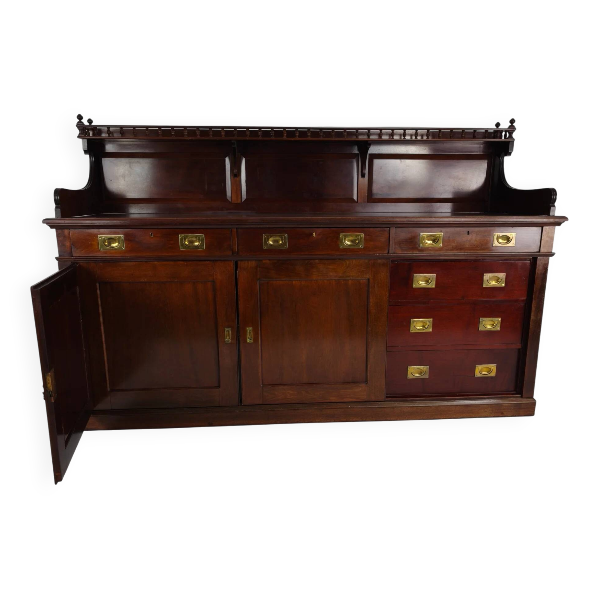 Early 20th-century English mahogany dresser / sideboard – brass campaign hardware