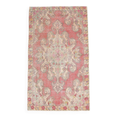 Tapis turc vintage rouge corail délavé, petit format 4x7, 127x223 cm