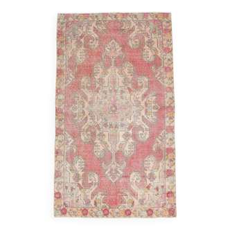 4x7 Vintage Small Size Area Faded Coral Red Turkish Vintage Rug, 127x223 Cm
