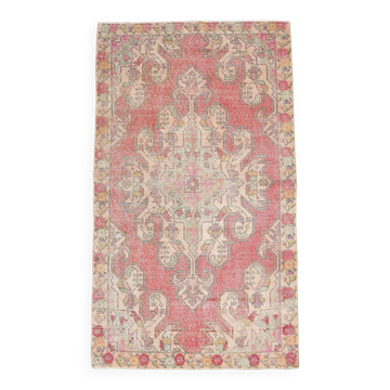 4x7 Vintage Small Size Area Faded Coral Red Turkish Vintage Rug, 127x223 Cm