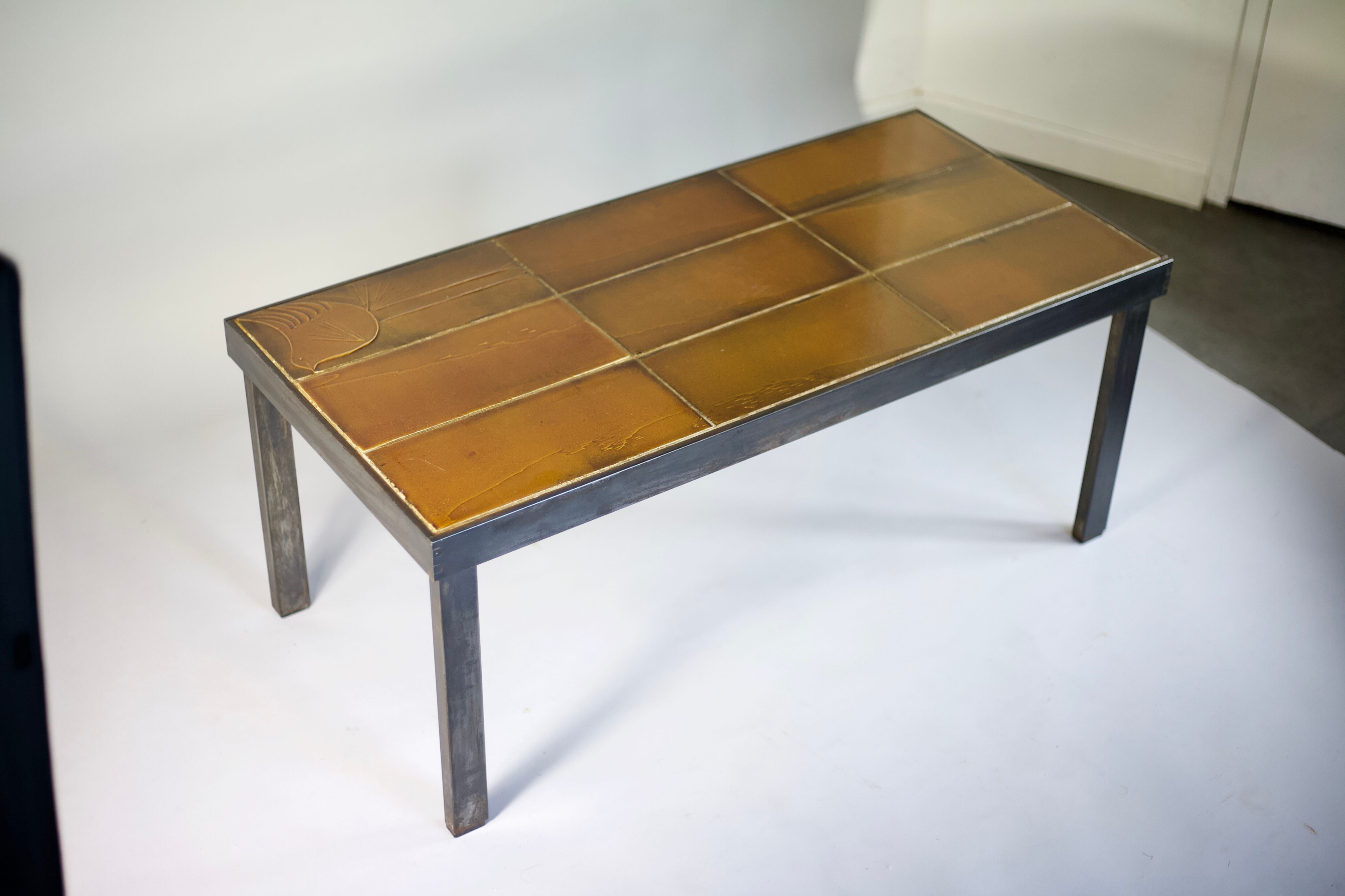 Coffee table signed Roger Capron, steel and ceramic, bird motif