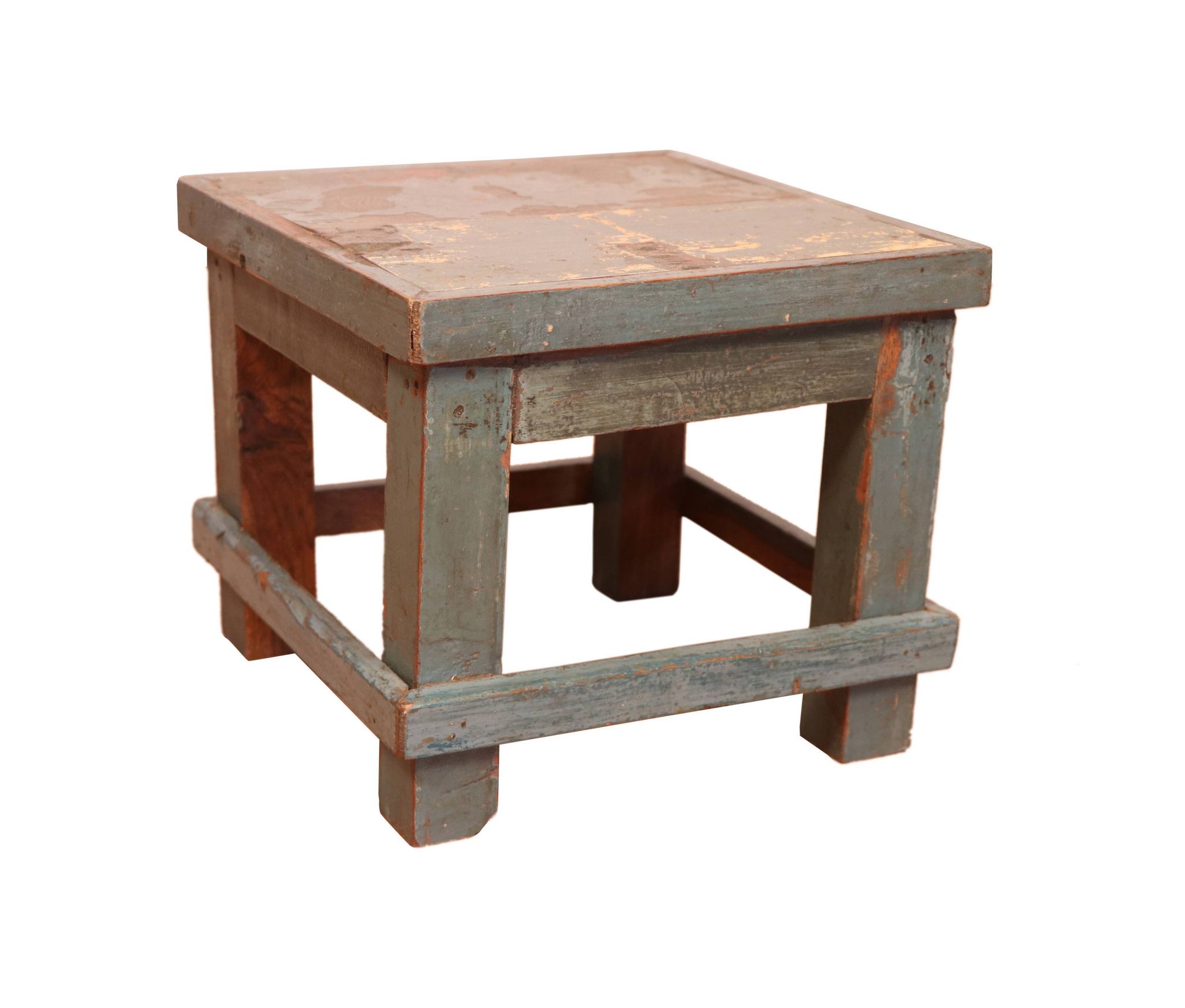 Ancienne table de chevet d'atelier en teck birman patine bleue d'origine