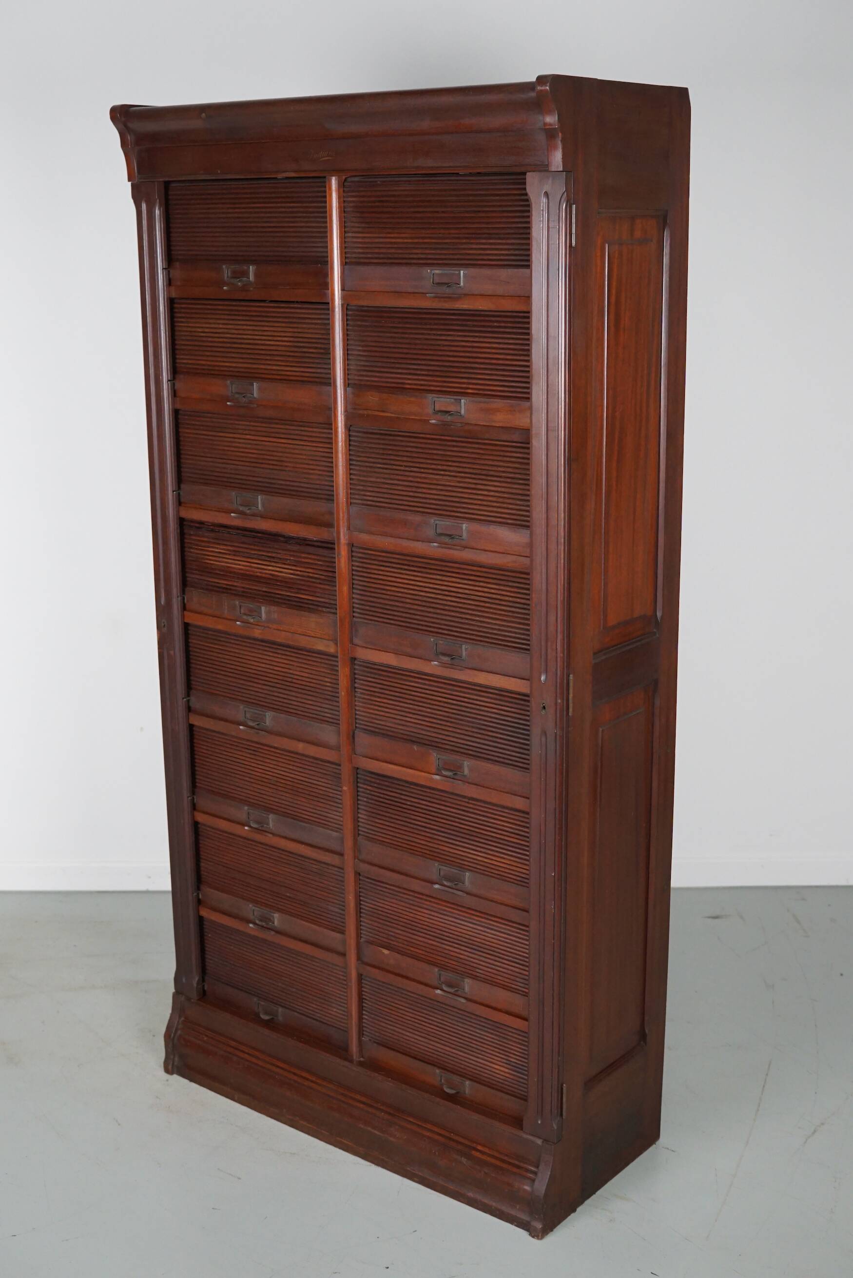Antique mahogany filing cabinet with drop-down tambour doors, USA circa 1920