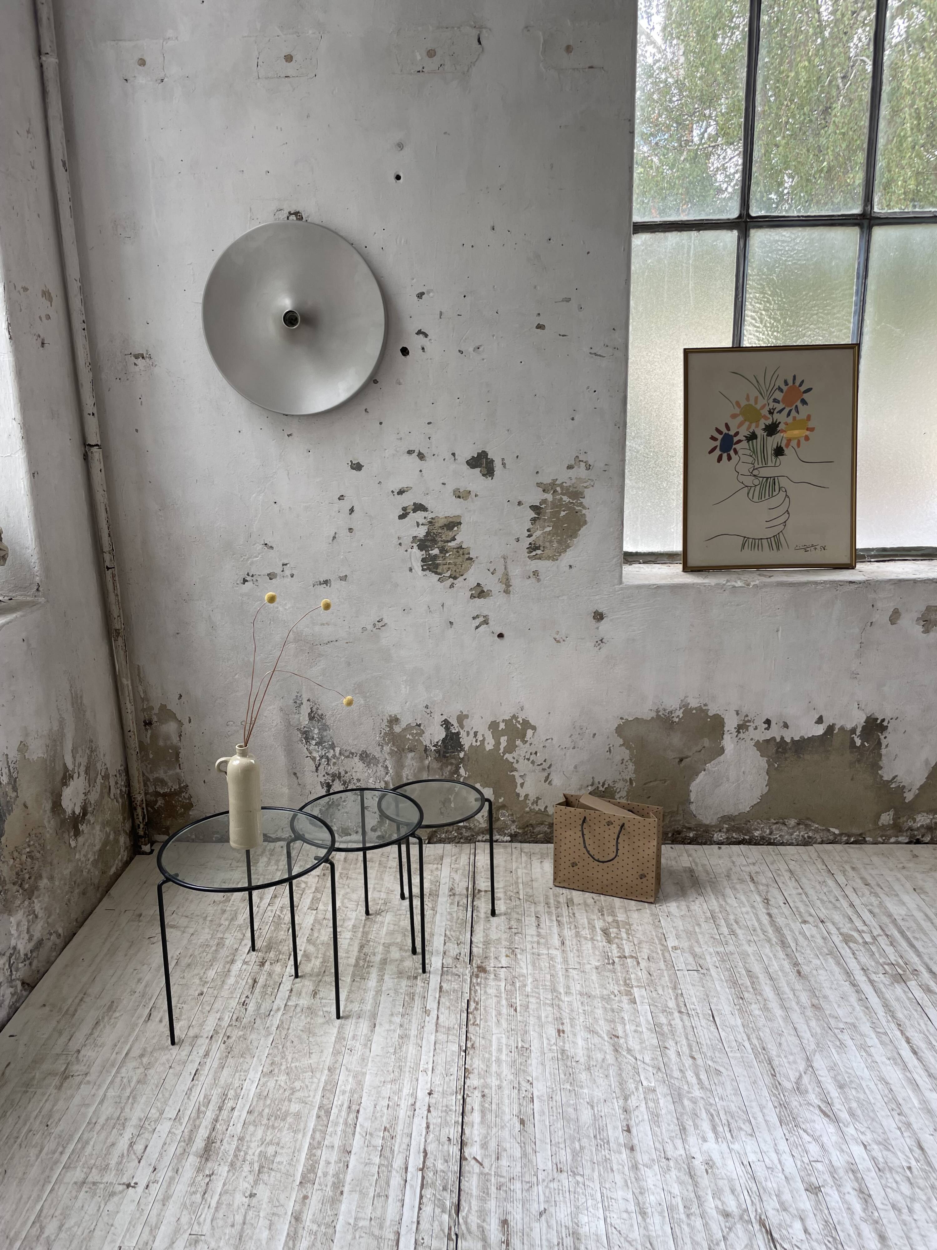 50s metal and glass nesting coffee tables