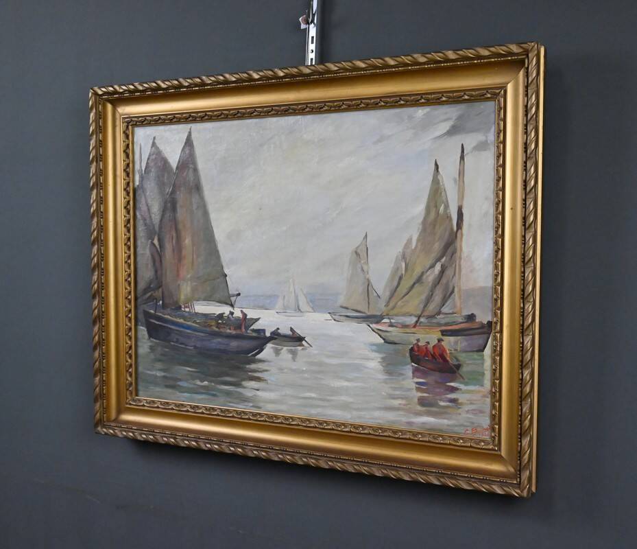 Painting "Sailboats on Calm Sea", oil on canvas, signed C. Bustad – 1928