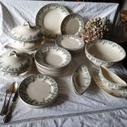 33 pc antique green white transferware dinner service c1900 U&C Sarreguemines France, 10 places