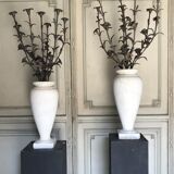 Pair of carrara marble vases, bronze bouquet of flowers