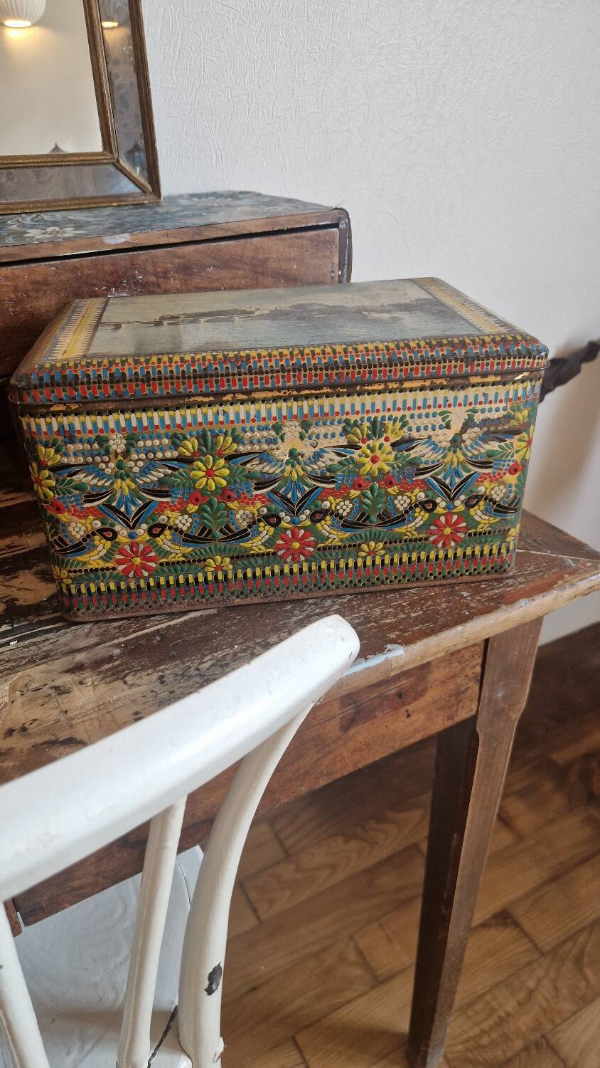 Large old mosaic metal box