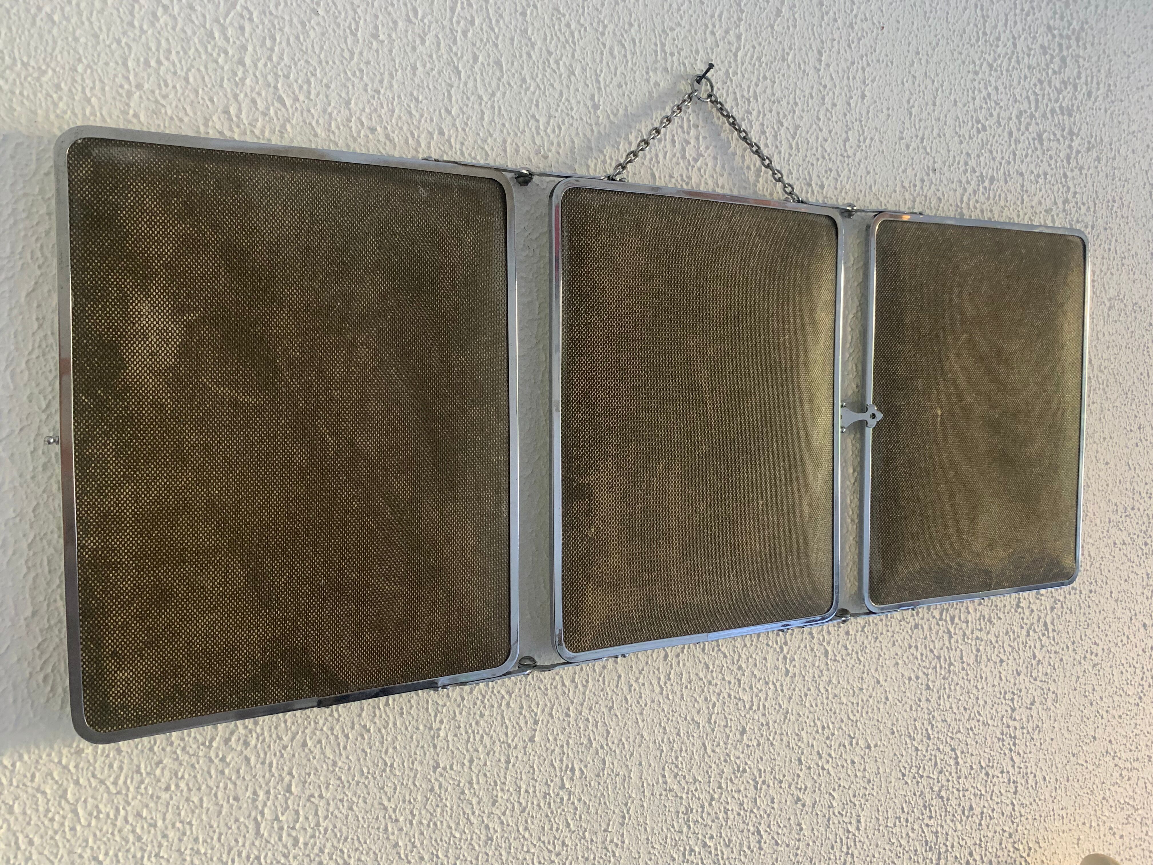 Vintage mirror 1930 triptych beveled barber iron gray - 28 x 69 cm