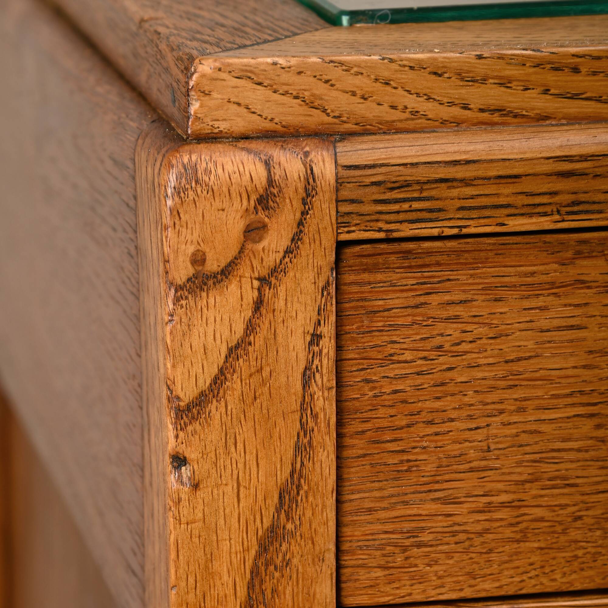 Art Deco Amsterdam School Nightstands oak wood and glass, 1930s Netherlands