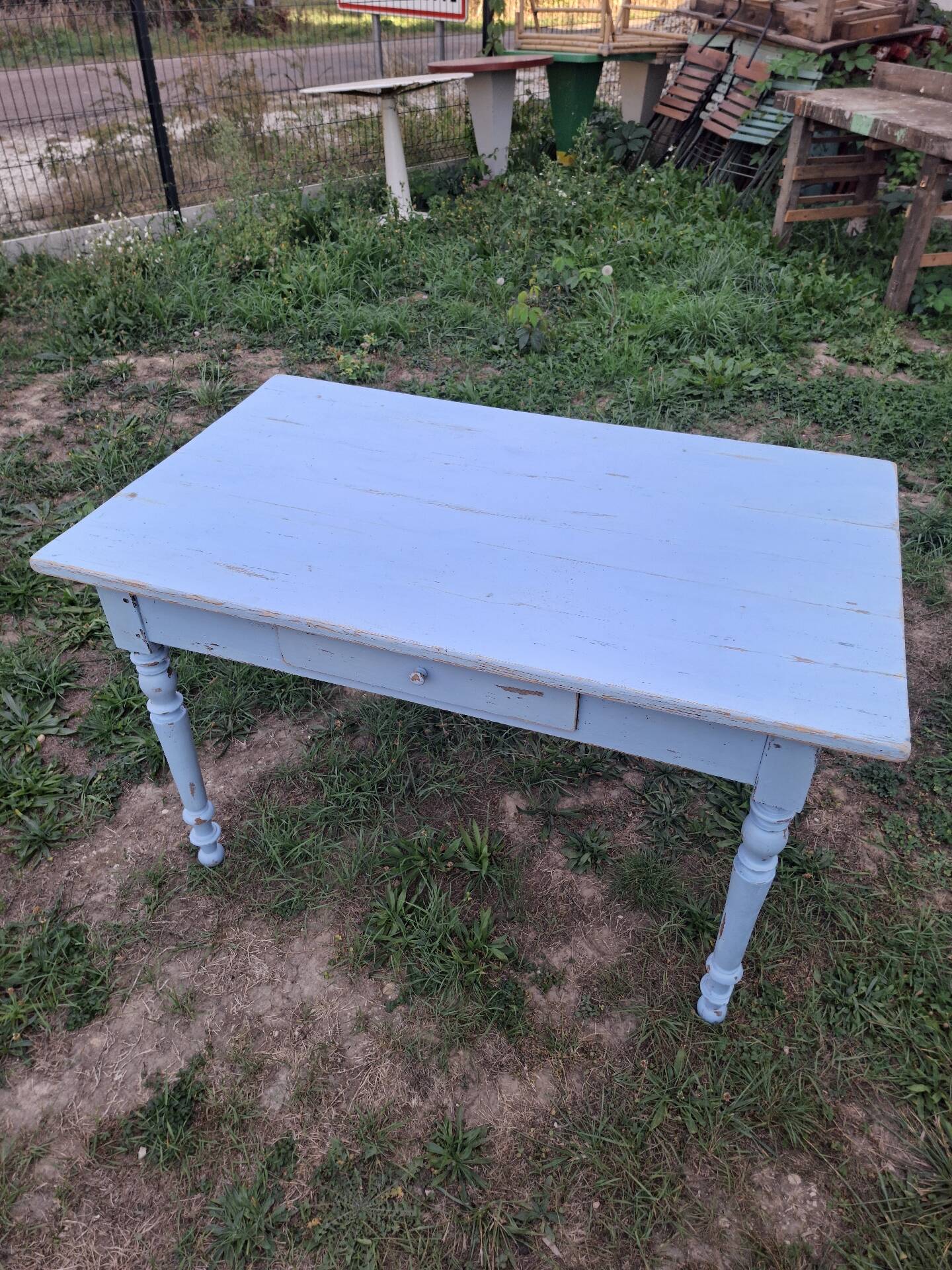 Old patinated blue bistro farmhouse table - 1.2m