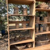 Large antique workshop furniture with drawers and shelves.