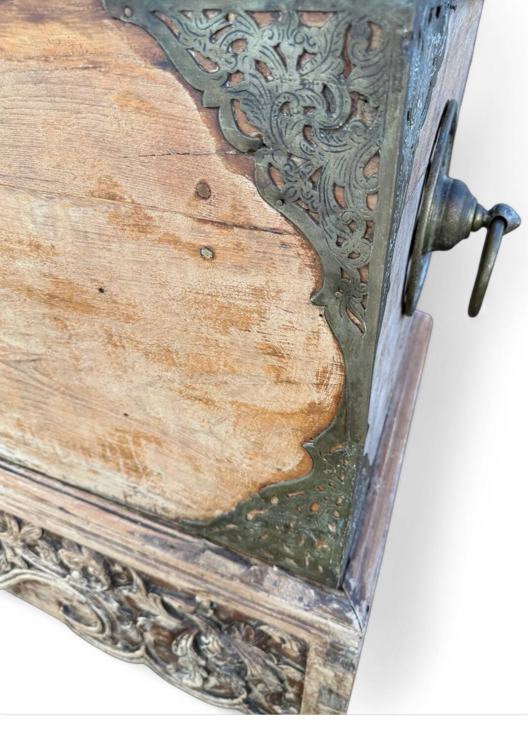 Large antique Asian travel chest made of mango wood.