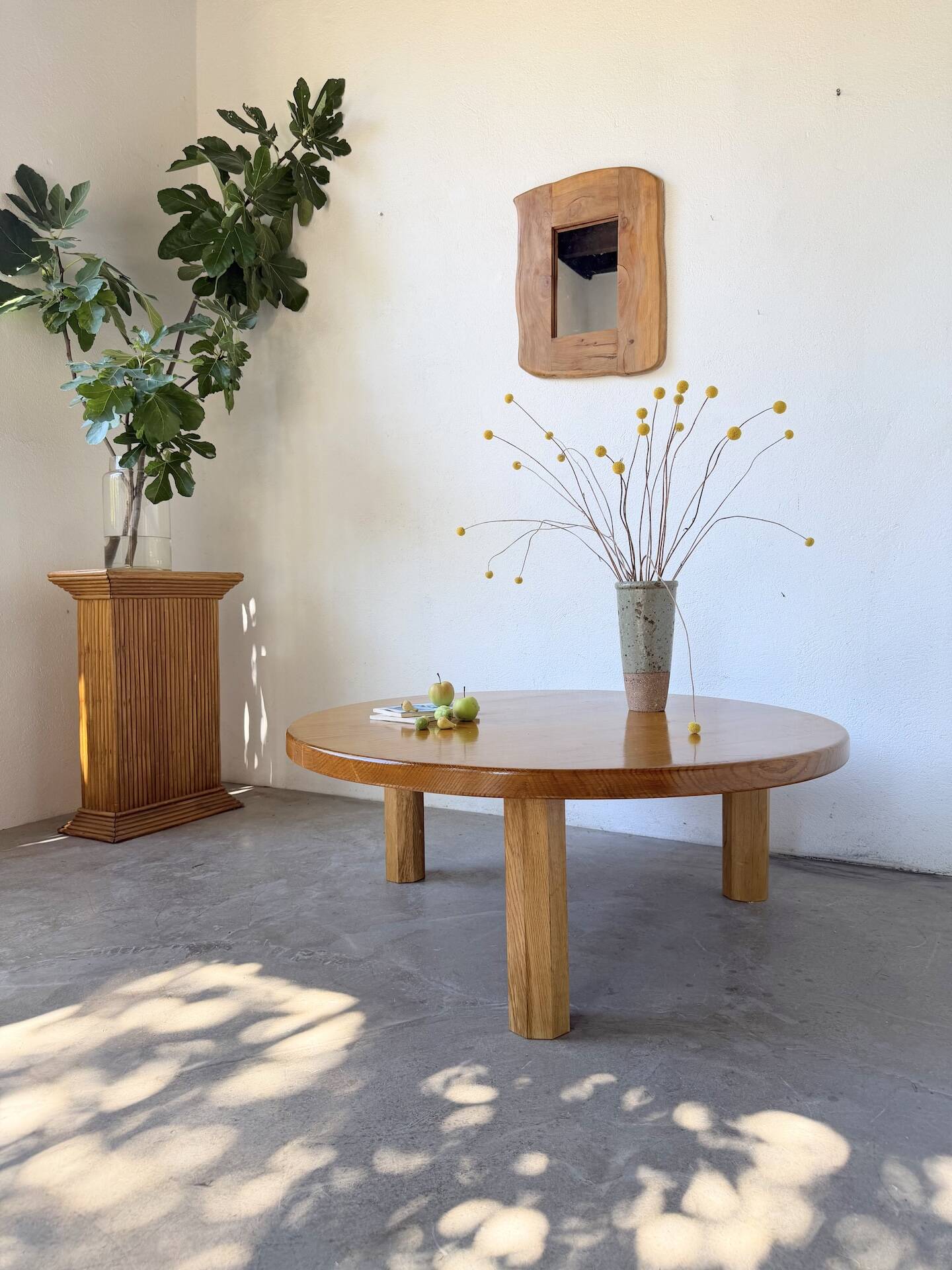 1950s round tripod oak coffee table
