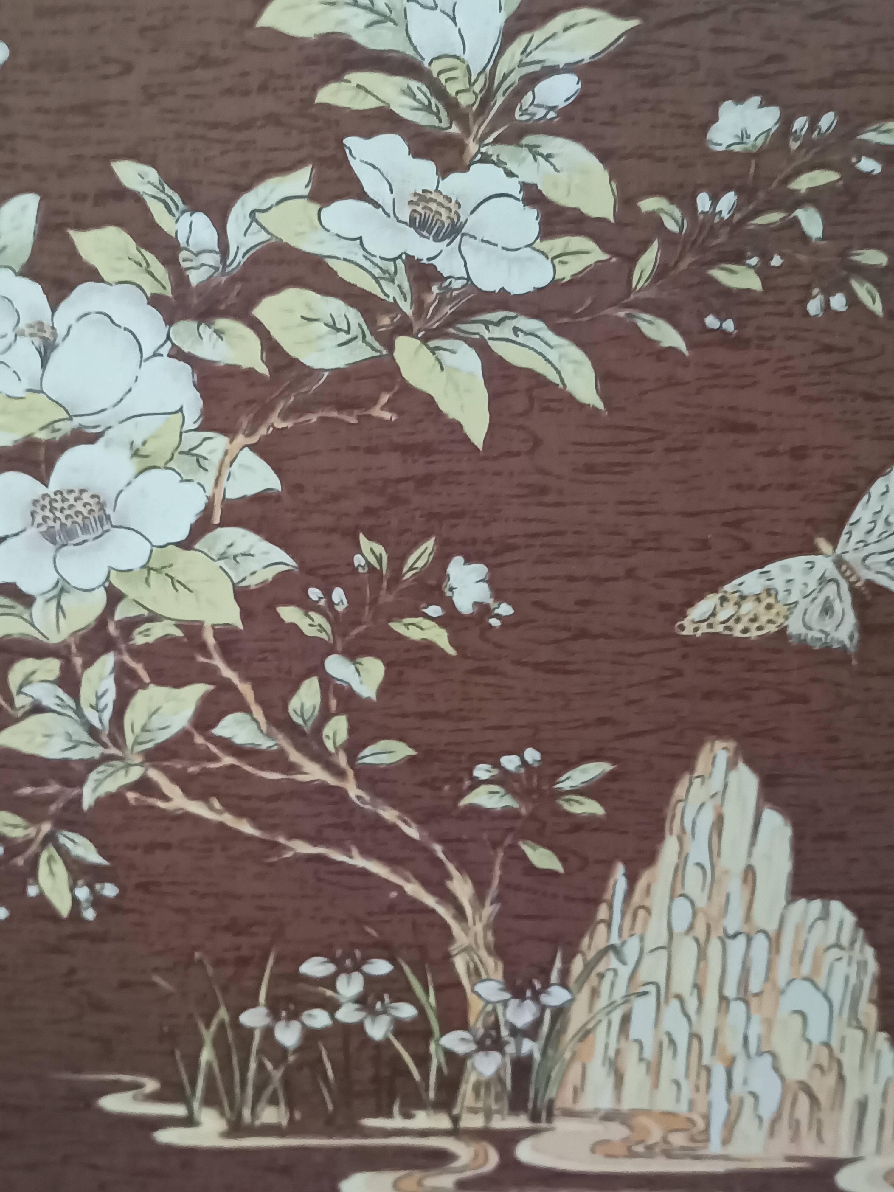 large antique headboard with 4 panels featuring Asian decor from the 1940s/50s