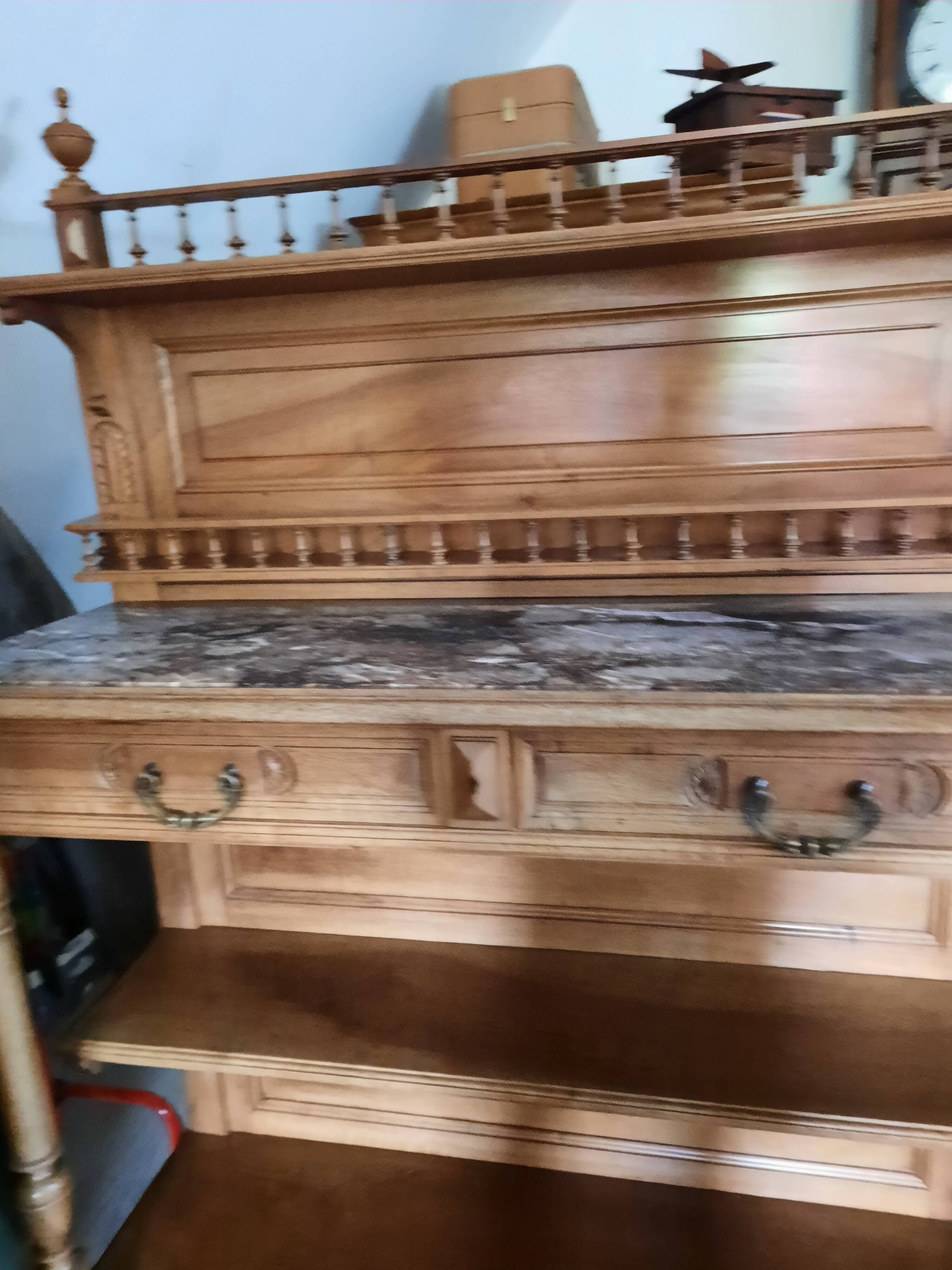 Antique cherry wood sideboard with marble top, 2 front drawers, 1 shelf.