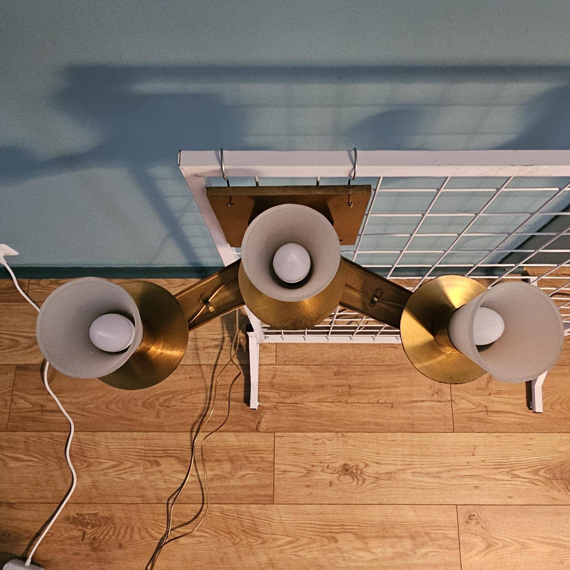 Maison cheret, pair of 3-light wall lights in ronze, brass and glass, circa 1950/1960