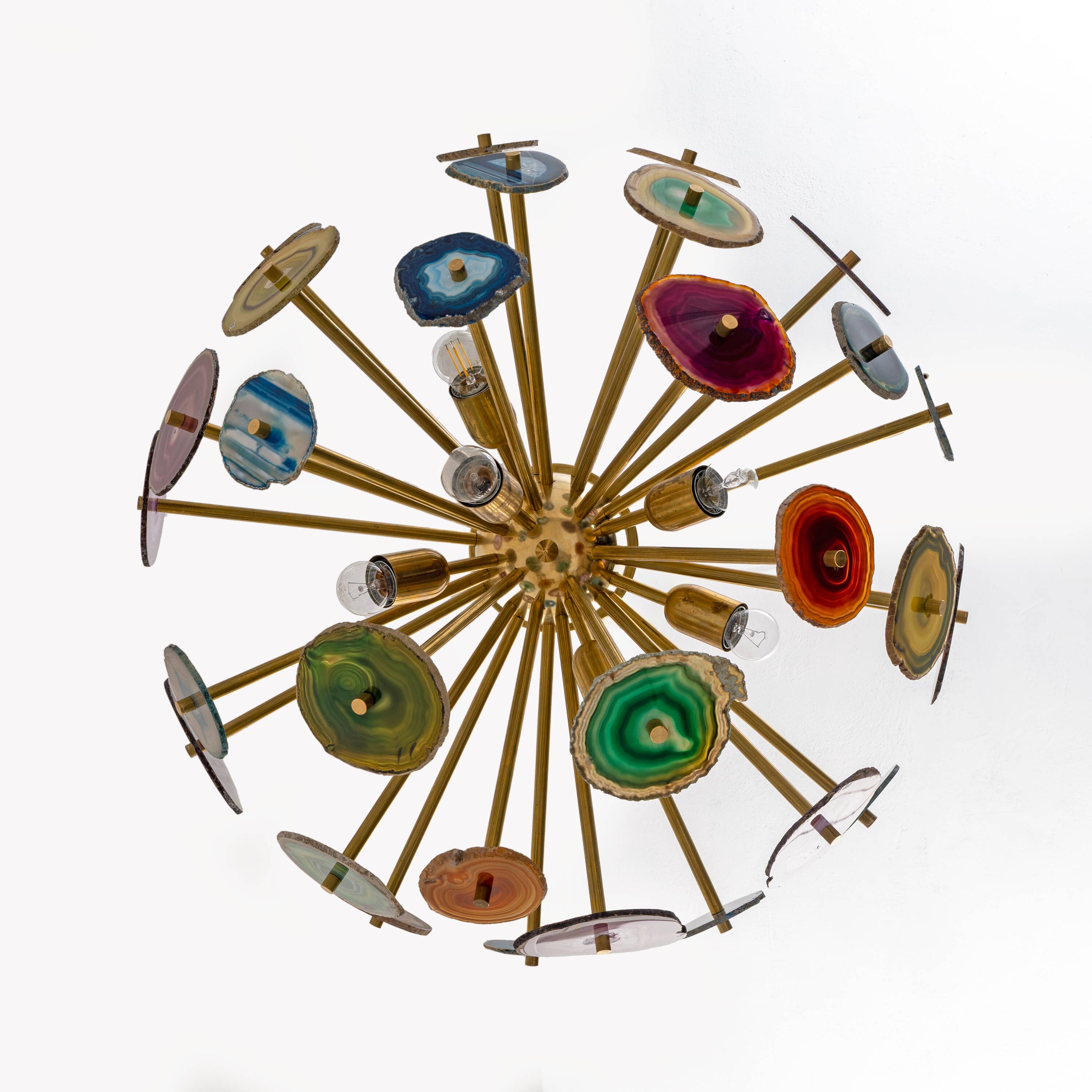 Italian-designed "Sputnik" Ceiling Lamp with Agate Stone Sections and Brass