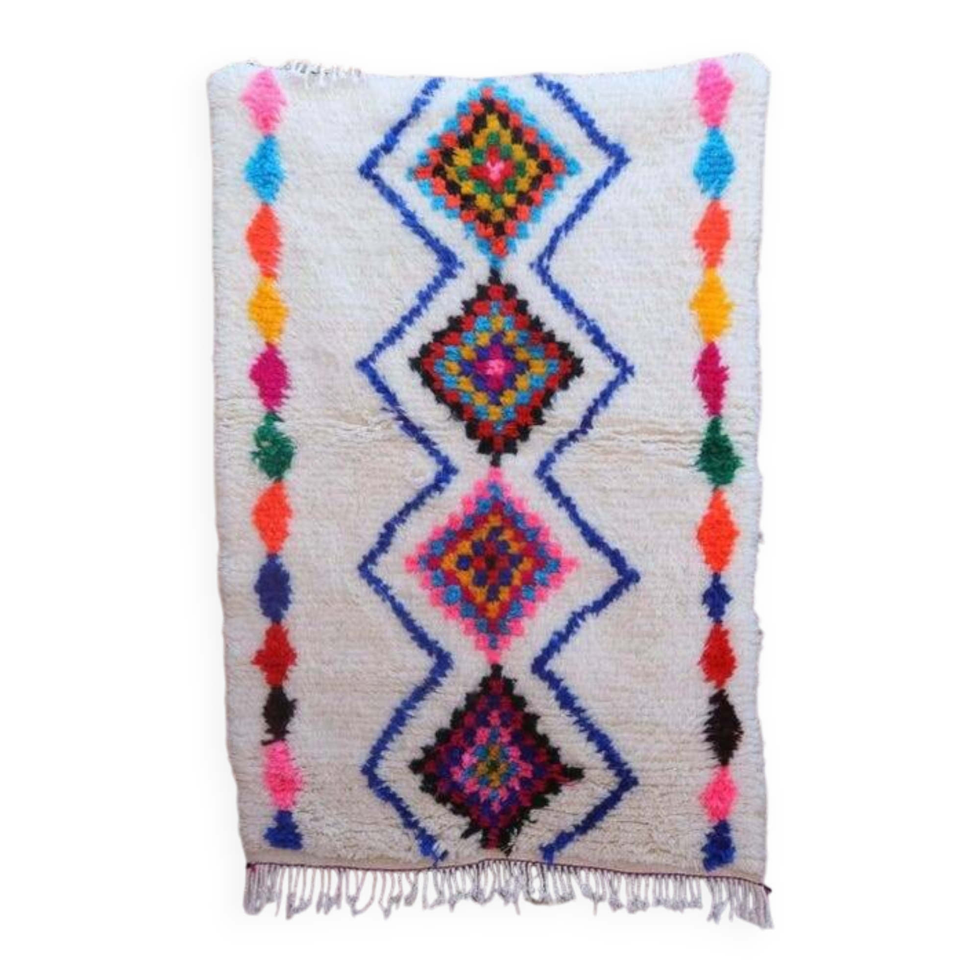 Ecru Moroccan rug with coloured patterns 250cm x 150cm