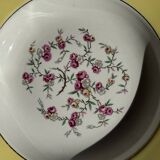 Set of 9 large vintage yellow deep plates with pink flowers and a gold rim.