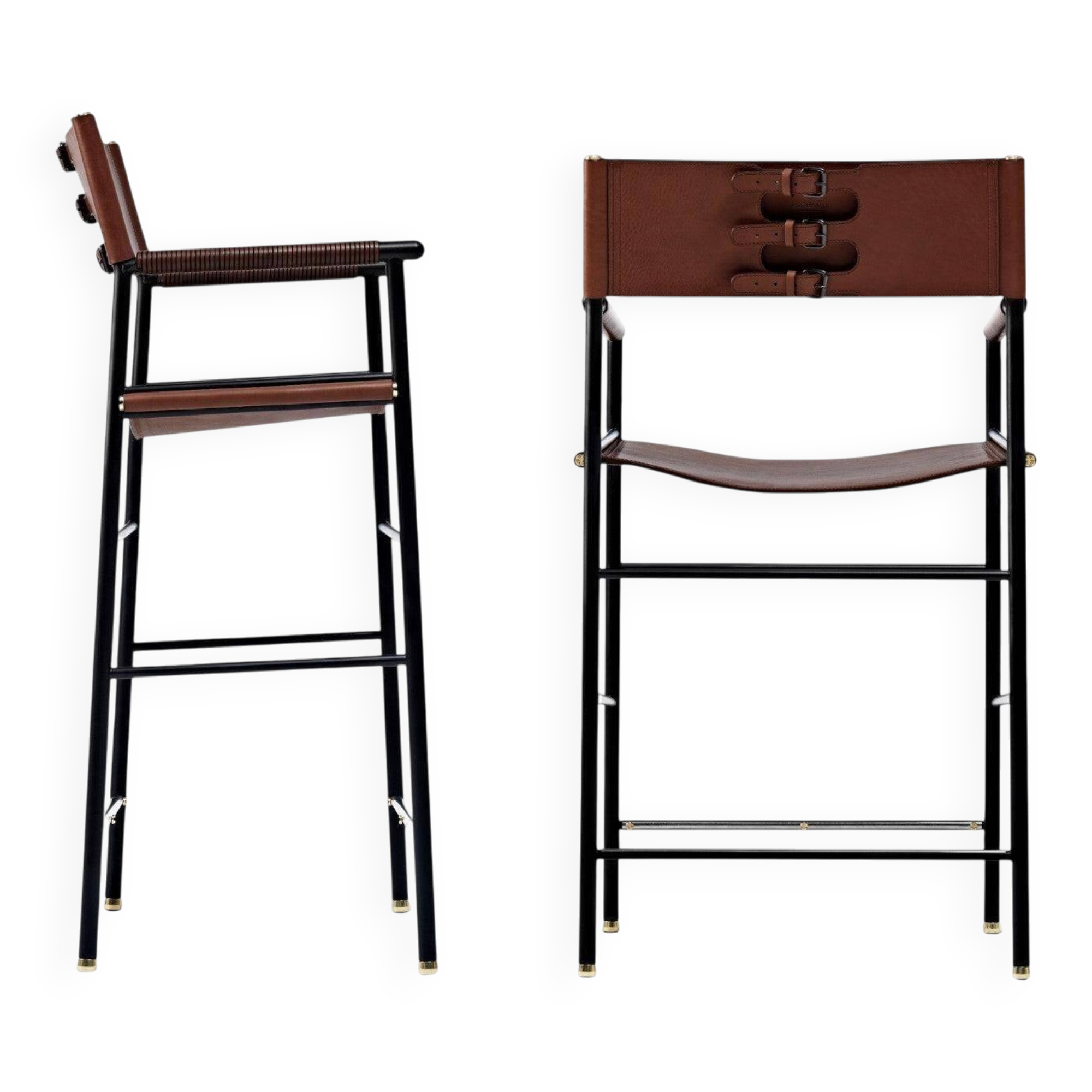 Pair of contemporary bar stools with dark brown leather backrest.