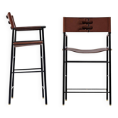 Pair of contemporary bar stools with dark brown leather backrest.