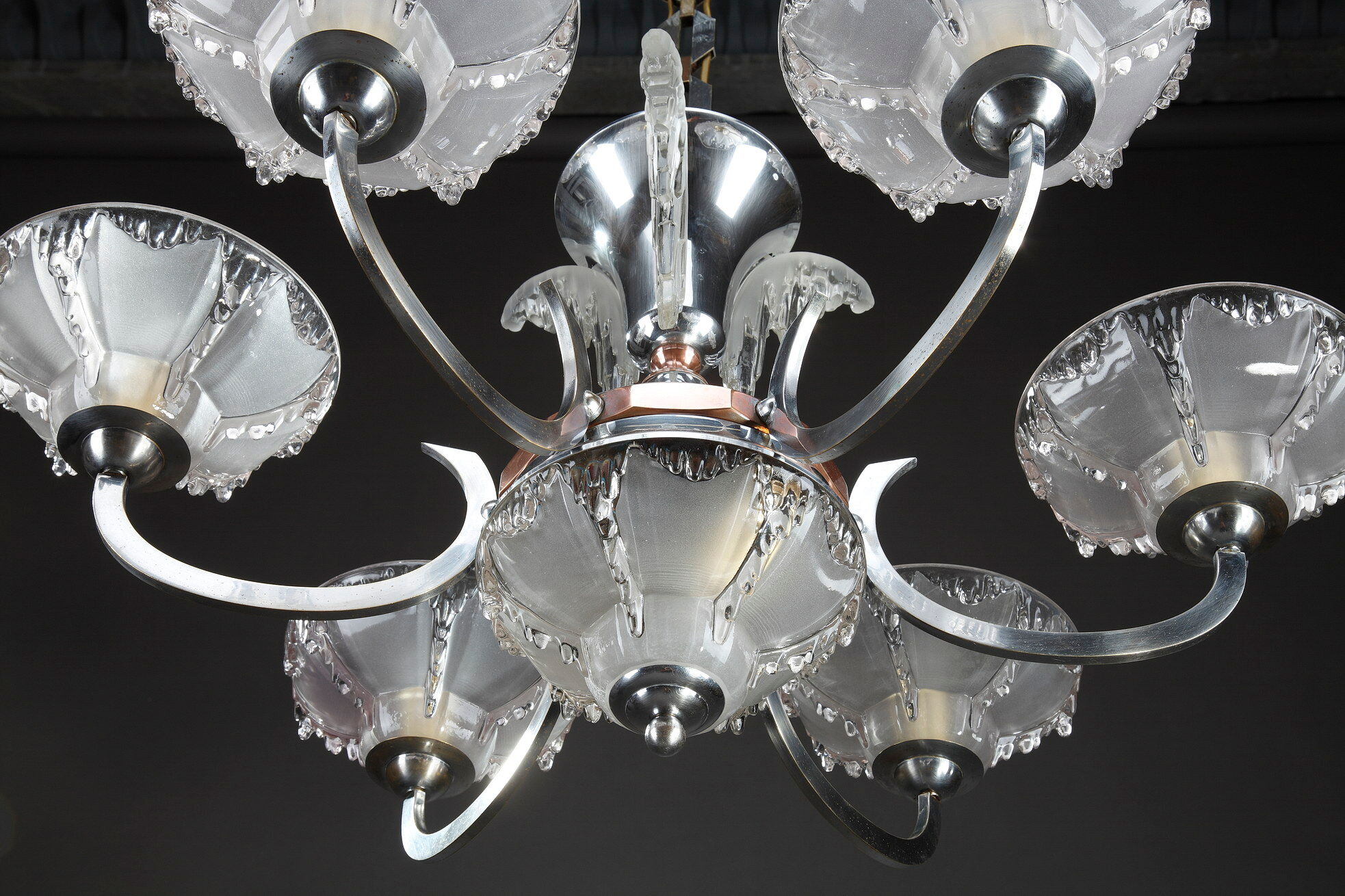 Art Deco chandelier in nickel-plated metal and copper