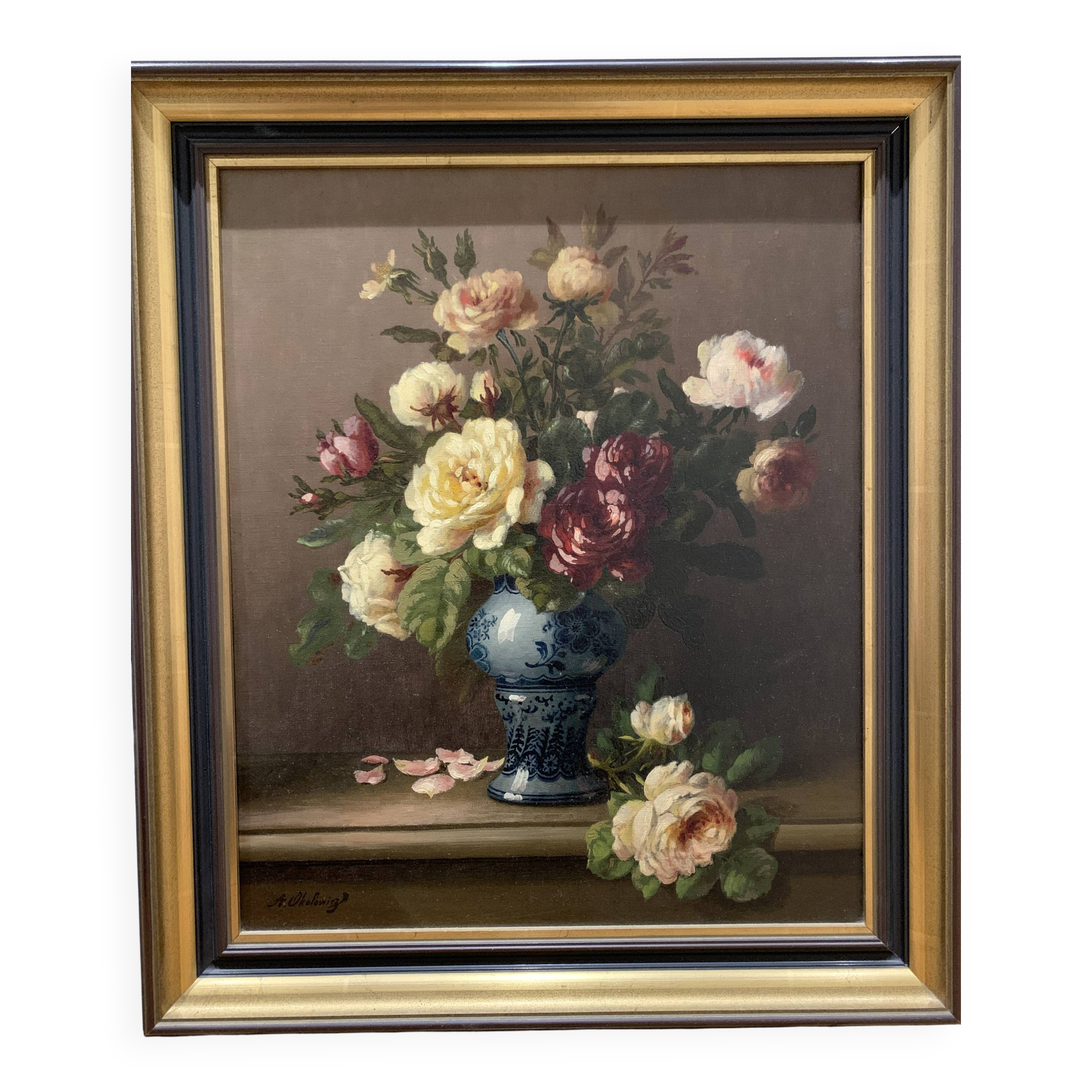 Oil on Canvas "Bouquet of Roses" - N. Okolowicz (1867-1928) - 55x46 cm