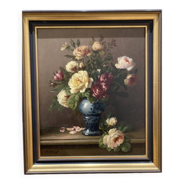 Huile sur Toile « Bouquet de roses » - N. Okolowicz (1867-1928)  - 55x46 cm