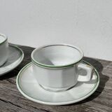 Pair of vintage Apilco style bistro cups in white and green ceramic