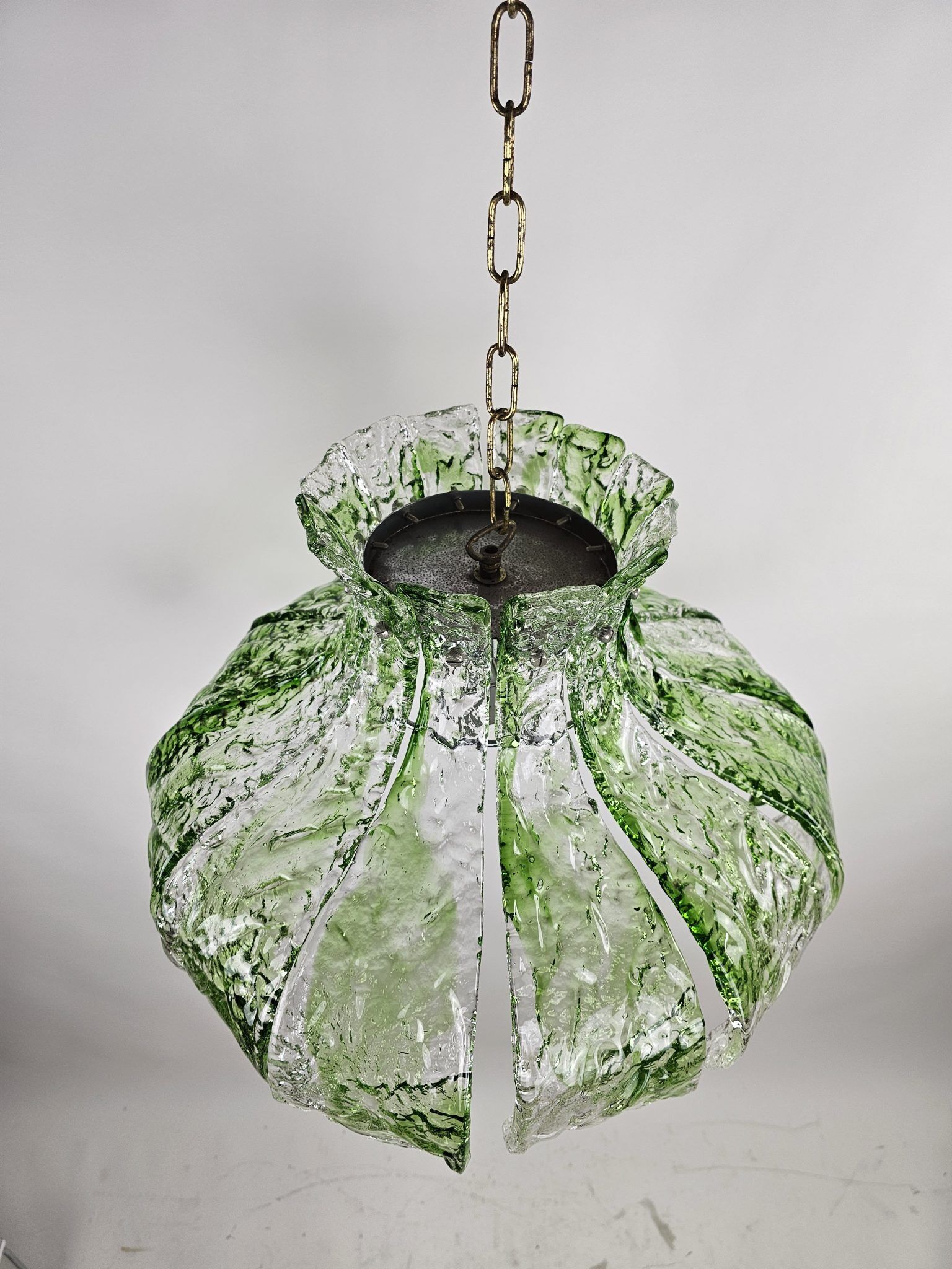 Pendant lamp by Mazzega with loose leaves of ice glass in transparent and green