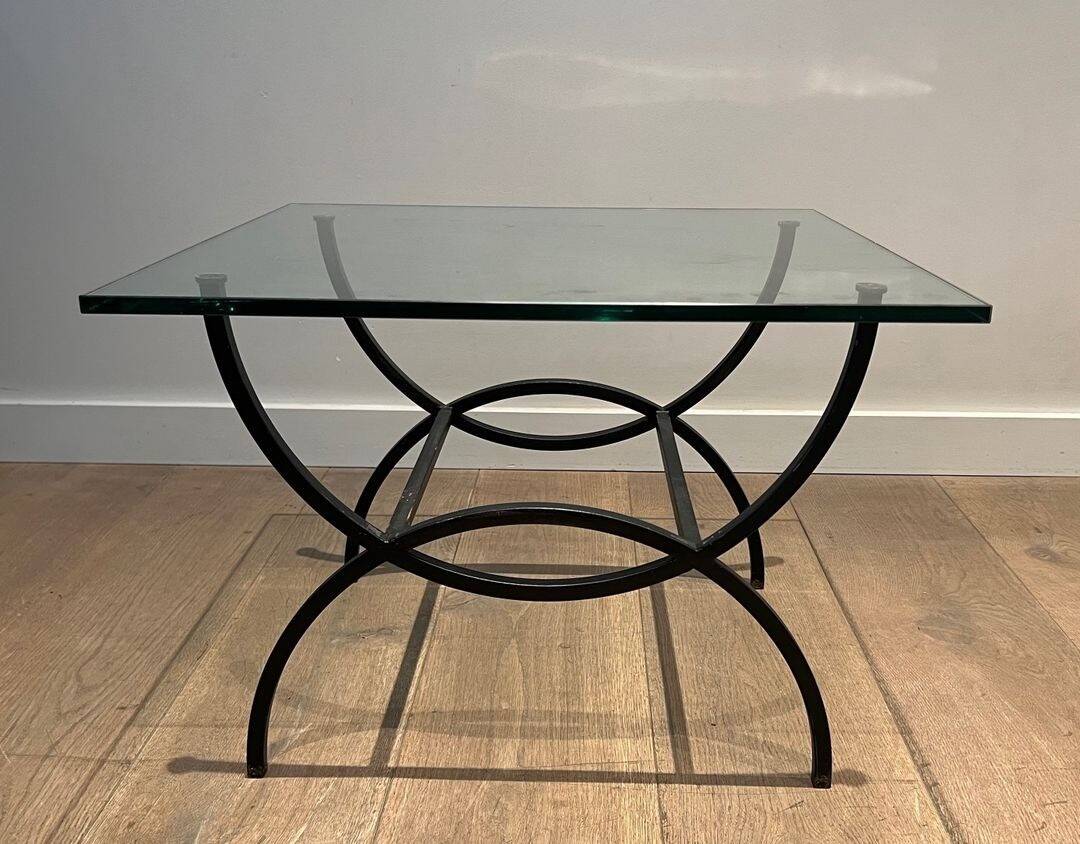 Pair of Black Lacquered Wrought Iron and Glass Side Tables, French Work