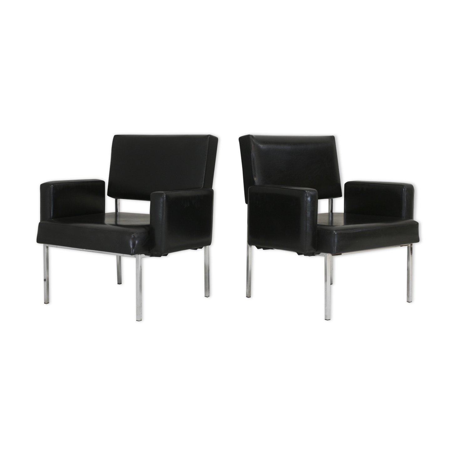 Pair of stainless steel, black leather-like armchairs, France, circa 1970