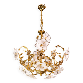 Lustre en verre de Murano décor de fleurs blanches, 1970